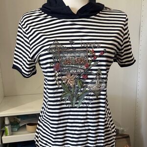 Striped Black and White Hoodie with Floral Embroidery